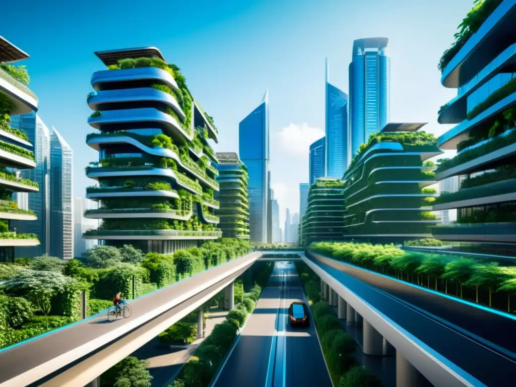 Vista detallada de una futurista ciudad sostenible con rascacielos ecológicos, paneles solares y redes de transporte inteligente