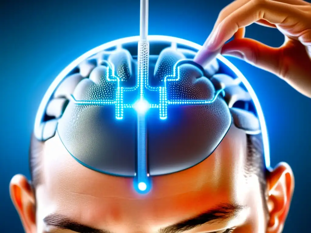 Vista detallada de interfaz cerebro-máquina, con electrodos neurales en escala milimétrica