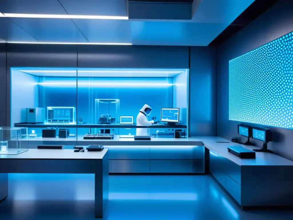 Vista detallada de un laboratorio de nanotecnología con científicos y equipo de vanguardia, iluminado en azul