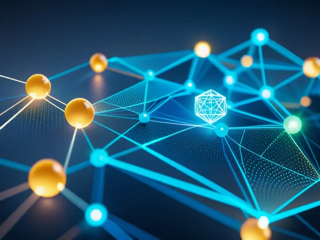 Red de blockchain futurista: nodos interconectados en tonos neón Vista detallada de una red blockchain futurista y translúcida con datos digitales fluyendo entre nodos interconectados