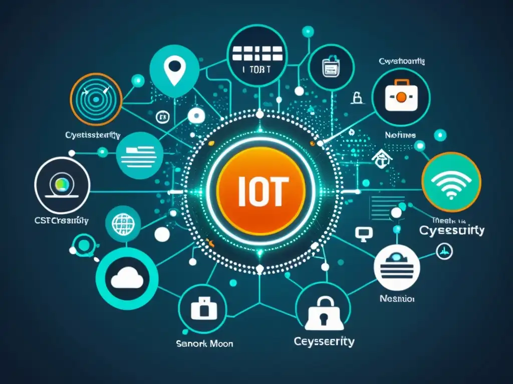 Vista detallada en 8K de una red IoT moderna con dispositivos interconectados, mostrando monitorización y respuesta en tiempo real a ciberataques