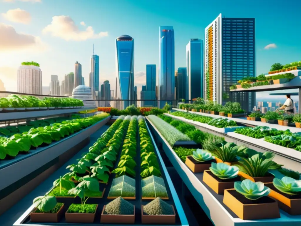 Vista futurista de agricultura urbana inteligente IoT en la ciudad, con huertos en azoteas y balcones, tecnología y vegetación urbana