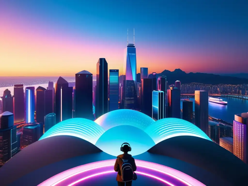 Vista futurista de la ciudad al atardecer, con hologramas vibrantes y narrativa AR/VR en el paisaje urbano