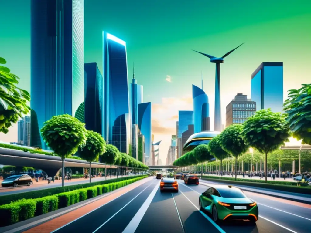 Vista futurista de la ciudad con IoT en mitigación cambio climático, integrando sensores en infraestructura urbana para reducir consumo energético y monitorear condiciones ambientales