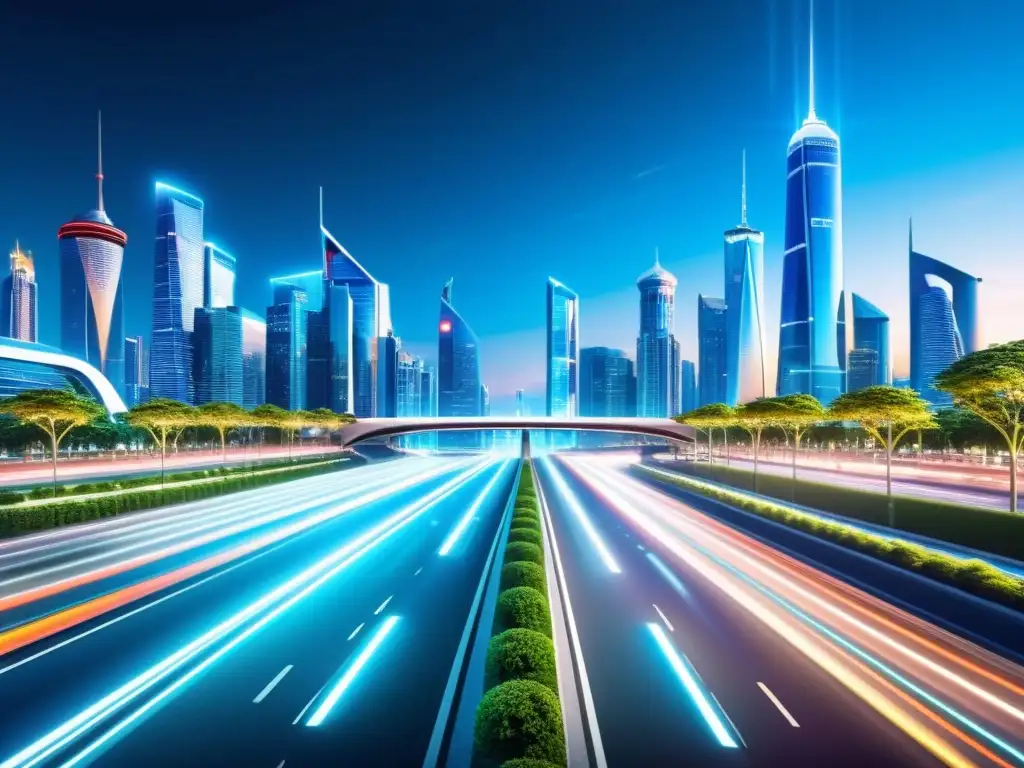 Vista futurista de una ciudad conectada por tecnología 5G, con autos autónomos y edificios digitales