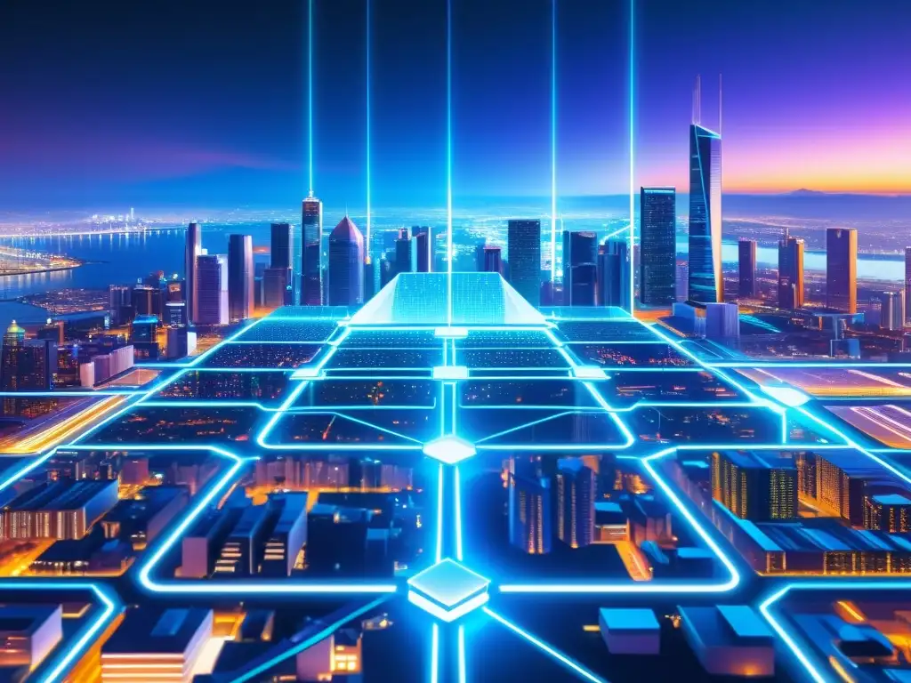 Metrópolis digital futurista con nodos blockchain y data streams Vista futurista de una ciudad digital con nodos blockchain y ciberseguridad, reflejando transacciones digitales avanzadas y protegidas