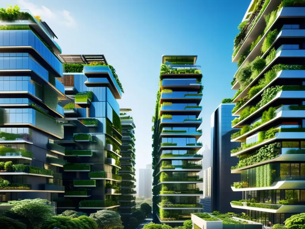 Vista futurista de la ciudad integrando tecnología y diseño sostenible con arquitectura ecológica y avanzada