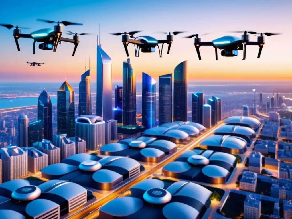 Vista futurista de ciudad con drones y antenas 5G, mostrando beneficios del uso conjunto 5G y drones para un futuro eficiente y conectado