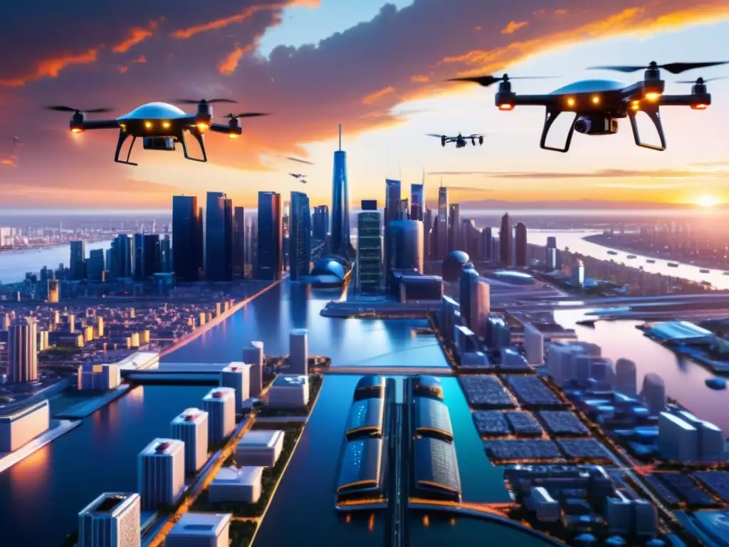 Vista futurista de la ciudad con drones de rescate coordinando respuesta ante desastres al atardecer