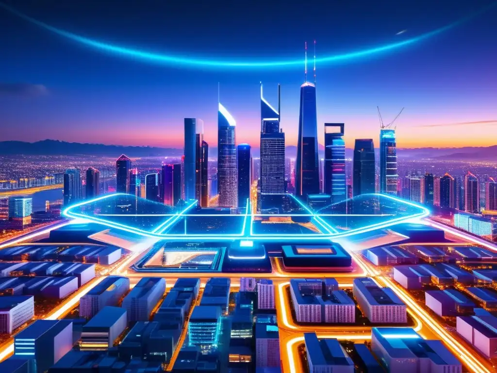 Vista futurista de la ciudad con edificios conectados por luces neón, seguridad digital y tecnología avanzada