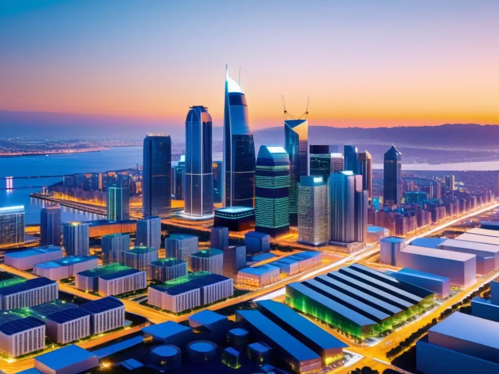 Horizonte de ciudad futurista: optimización de energía con Big Data Vista futurista de la ciudad con edificios energéticamente eficientes y tecnología de Big Data, irradiando innovación y sostenibilidad