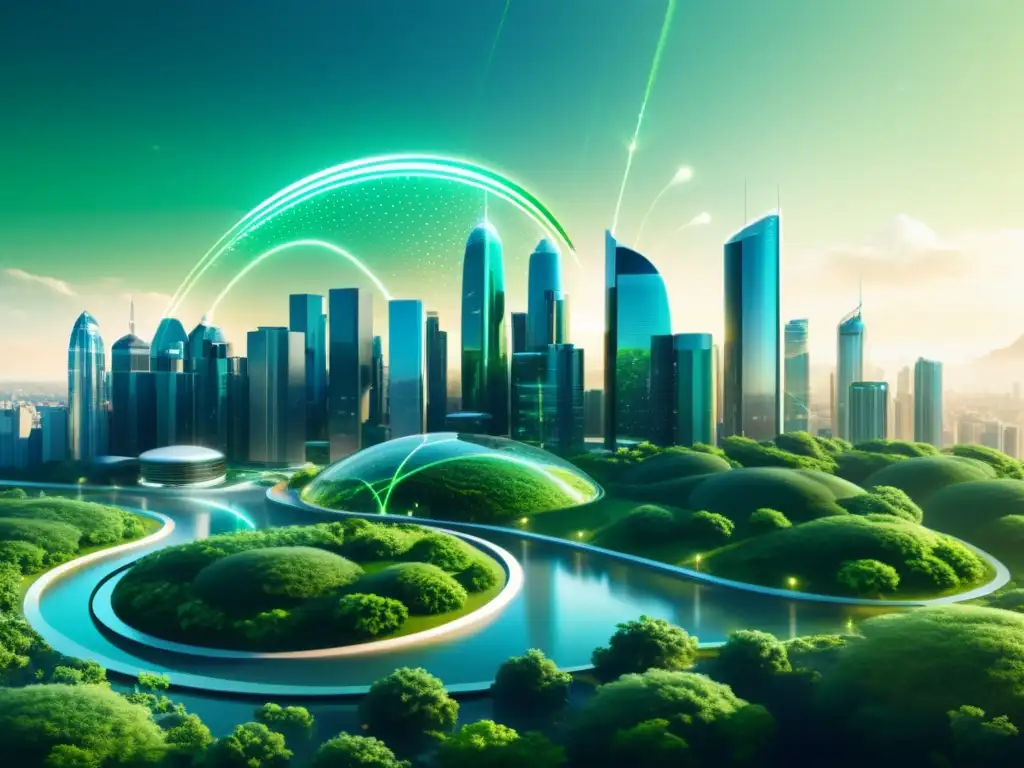 Vista futurista de la ciudad con edificios energéticamente eficientes y naturaleza integrada, destacando el impacto positivo de la tecnología 5G en el cambio climático