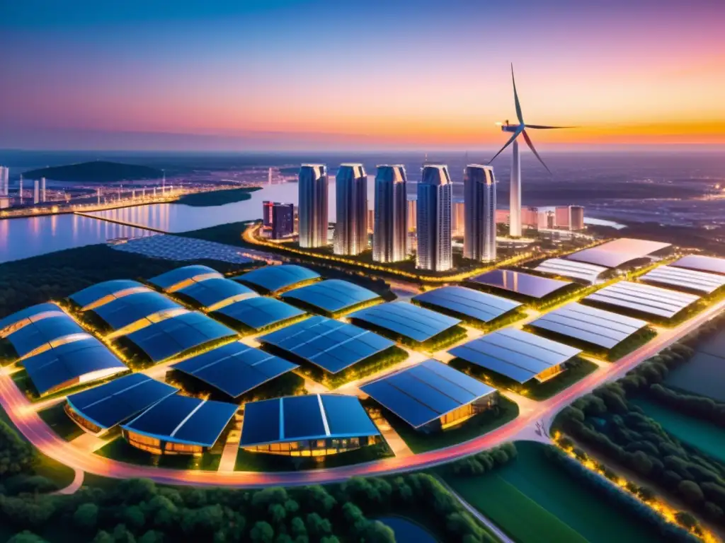 Metrópolis futurista energéticamente eficiente al anochecer Vista futurista de una ciudad energéticamente eficiente al anochecer, con edificios modernos iluminados con luces LED ahorradoras de energía