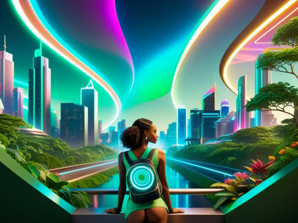 Vista futurista de la ciudad con elementos naturales y luces de neón, reflejando el impacto de la IA en la Industria Creativa