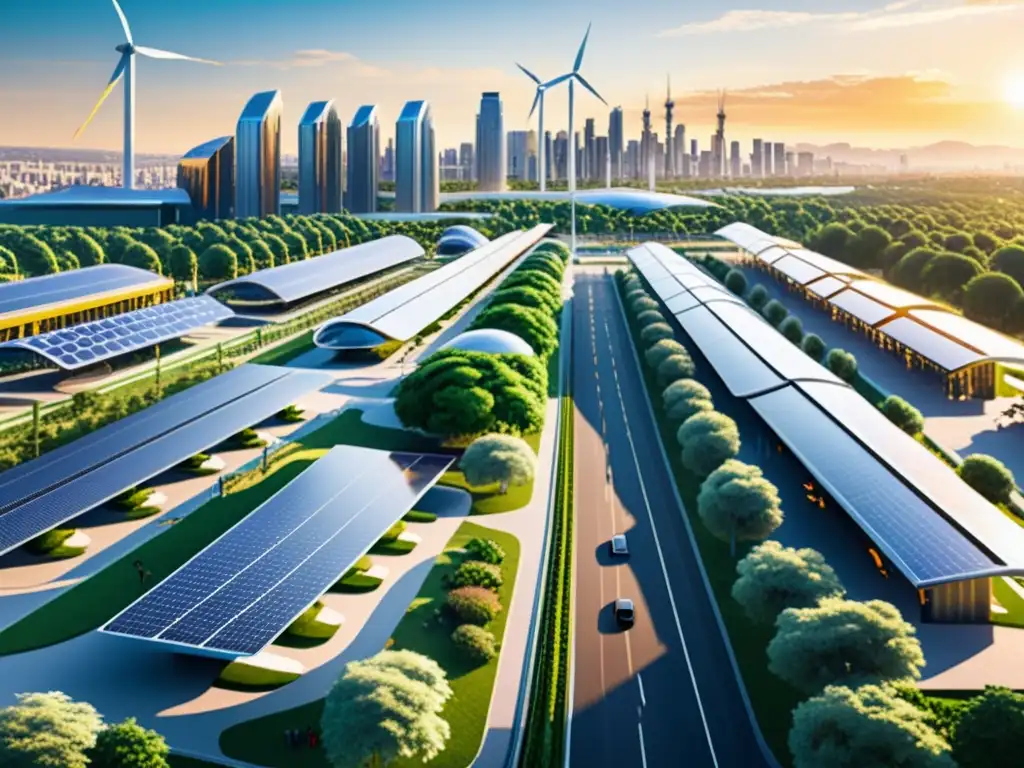 Vista futurista de una ciudad con energías renovables, sostenibilidad y tecnologías emergentes en armonía con la naturaleza