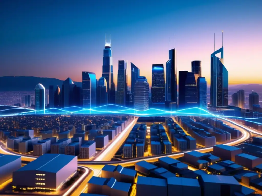 Skyline futurista: Integración de big data y energía Vista futurista de una ciudad con flujo de datos entre edificios, integrando Big Data para la optimización de recursos energéticos