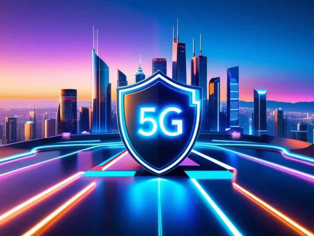 Vista futurista de la ciudad 5G con torres integradas, escudo protector sobre datos y neón suave, evocando privacidad en la era 5G