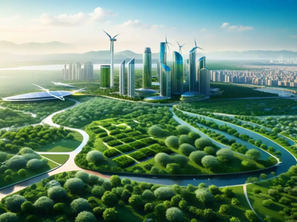 Vista futurista de una ciudad con infraestructura verde avanzada, integrando analítica avanzada para combatir cambio climático