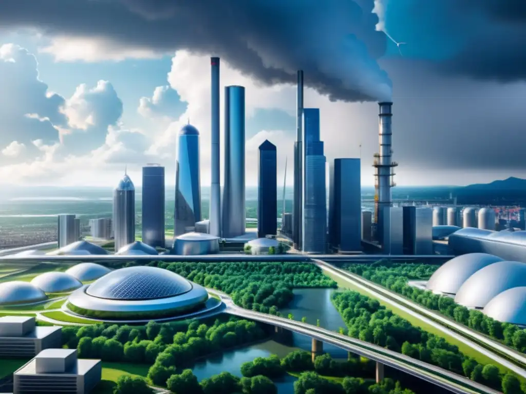 Vista futurista de la ciudad con infraestructura avanzada para control climático, destacando implicaciones éticas de la geoingeniería climática