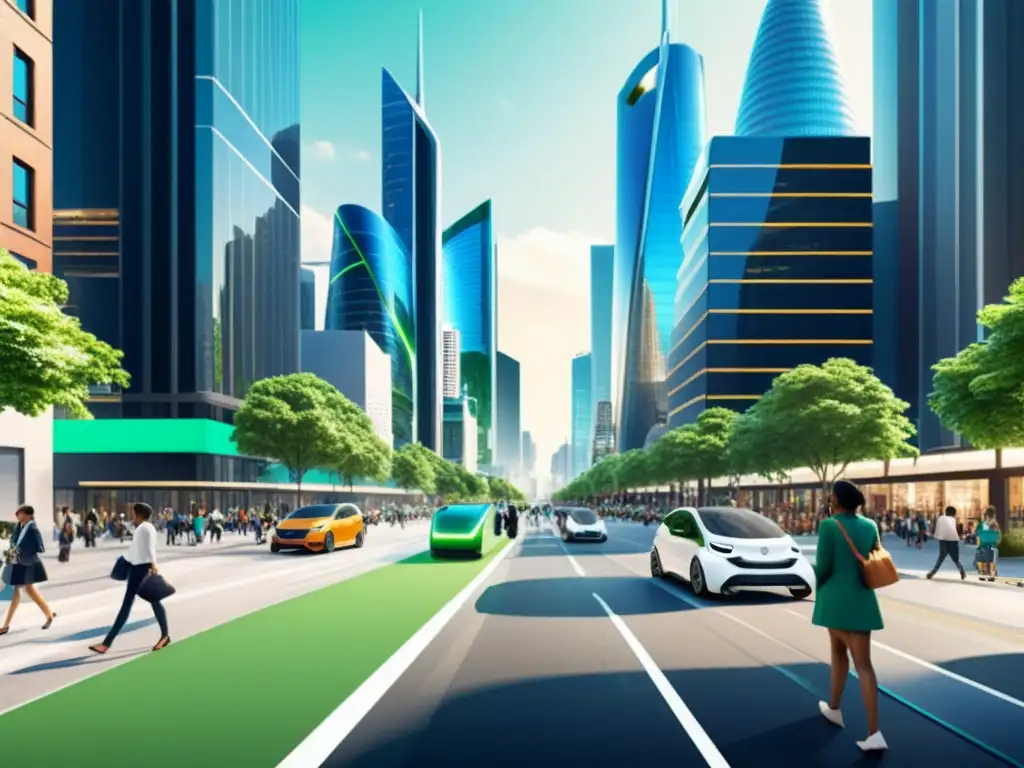 Vista futurista de la ciudad con infraestructura 5G, gente diversa disfrutando del Internet de alta velocidad