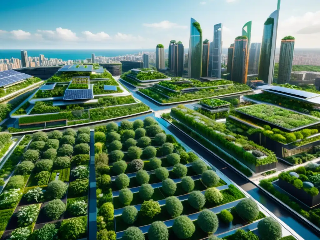 Vista futurista de ciudad con integración de naturaleza y tecnología, mostrando Inteligencia Artificial en Gestión Ambiental