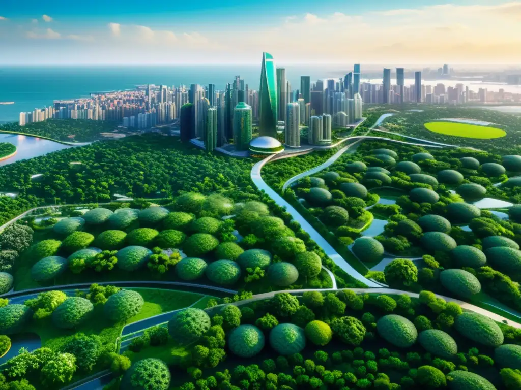 Vista futurista de ciudad con integración de naturaleza, resaltando la gestión ambiental con Inteligencia Artificial