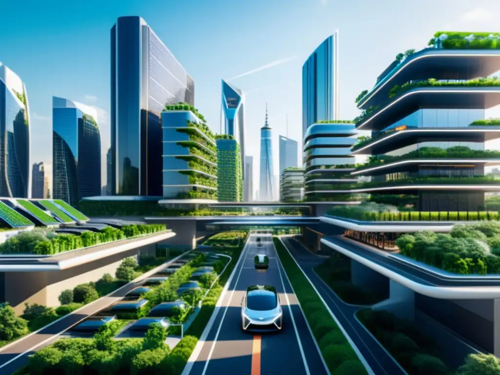 Vista futurista de ciudad con integración de IA en planificación urbana, tecnología y sostenibilidad