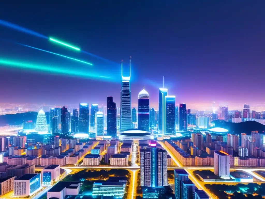 Vista futurista de ciudad con integración de 5G e IoT, destacando seguridad en conexiones 5G e IoT, luces neón y edificios modernos