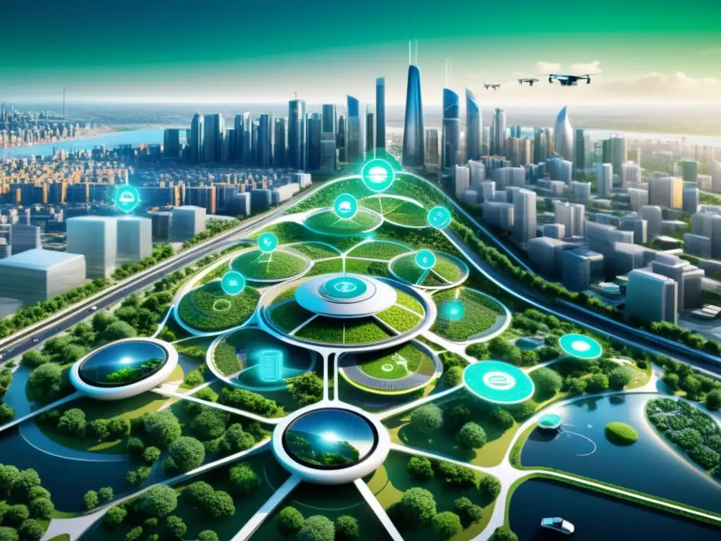 Vista futurista de una ciudad inteligente con tecnologías emergentes IoT cambiando el mundo