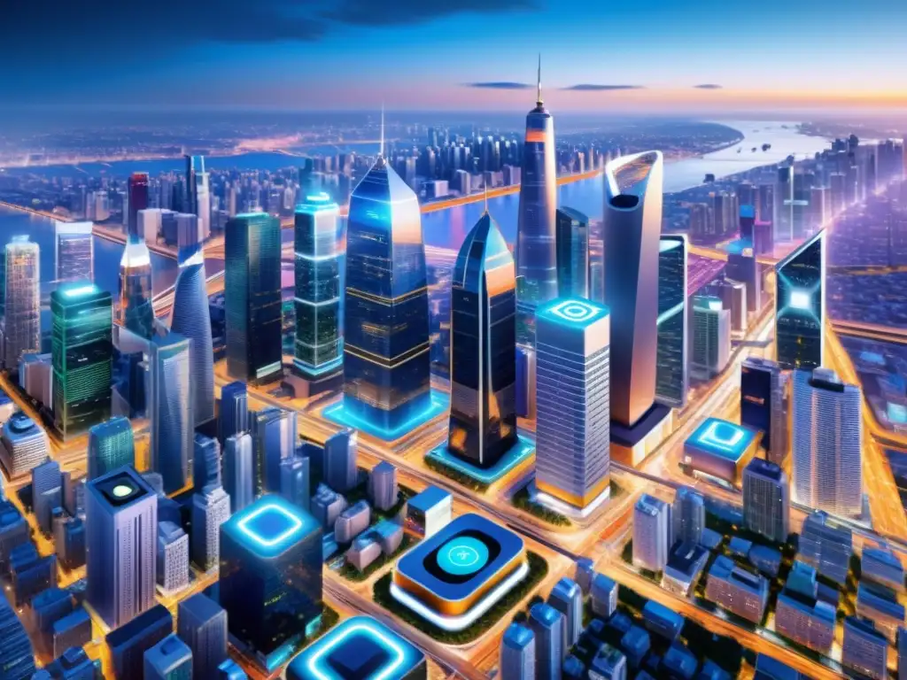 Smart City Futurista: IoT en Infraestructura Urbana Vista futurista de una ciudad inteligente con IoT integrado, demostrando las aplicaciones impactantes del IoT en diversos sectores