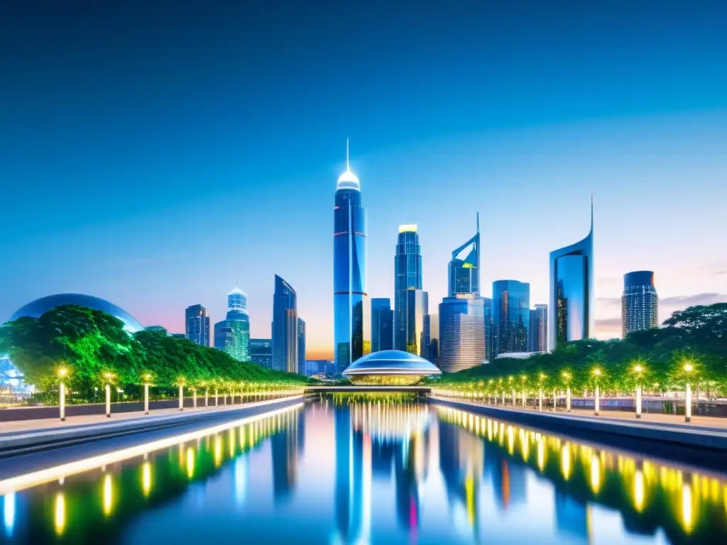 Vista futurista de la ciudad reflejando luces vibrantes, con contraste entre naturaleza y tecnología