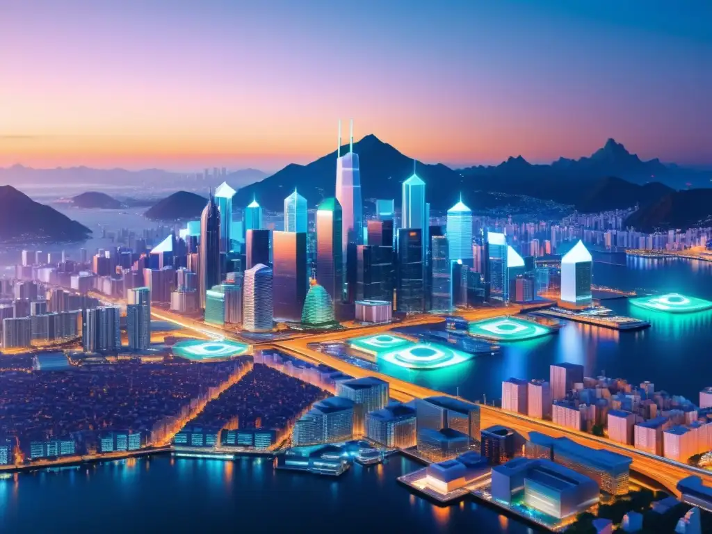 Skyline futurista con nodos blockchain interconectados Vista futurista de una ciudad con nodos blockchain, simbolizando sistemas de identidad en Blockchain en una imagen de 8k