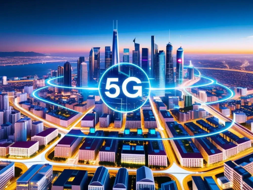 Vista futurista de una ciudad con rascacielos iluminados y una red de comunicación digital, reflejando el impacto del 5G en el ecommerce