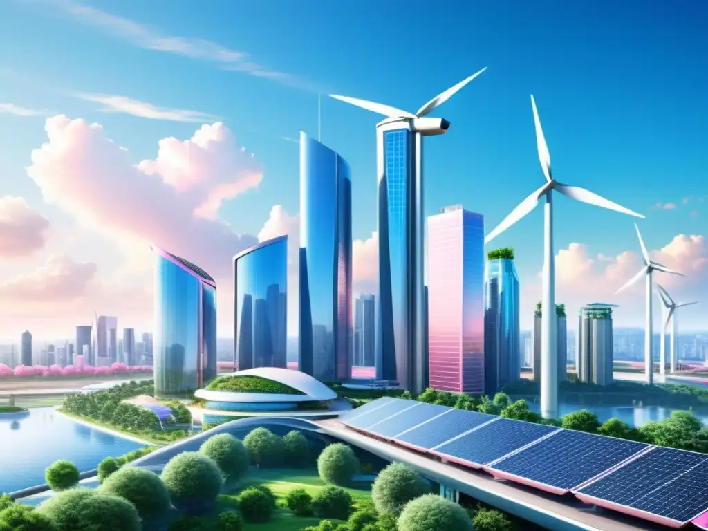 Vista futurista de ciudad con rascacielos sostenibles, energía eólica y paneles solares