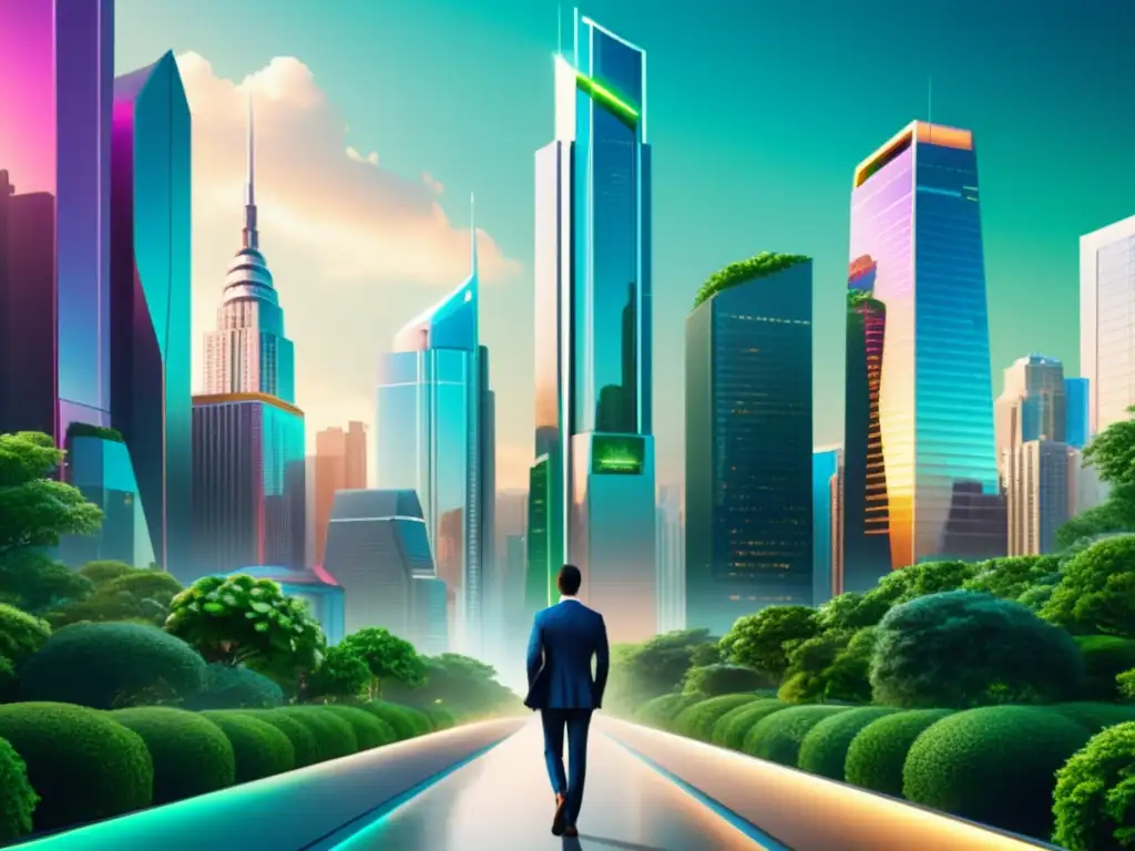 Futurismo urbano: IA revoluciona marketing y ventas Vista futurista de la ciudad con rascacielos metálicos y tecnología AI integrada, reflejando el impacto de la inteligencia artificial en marketing