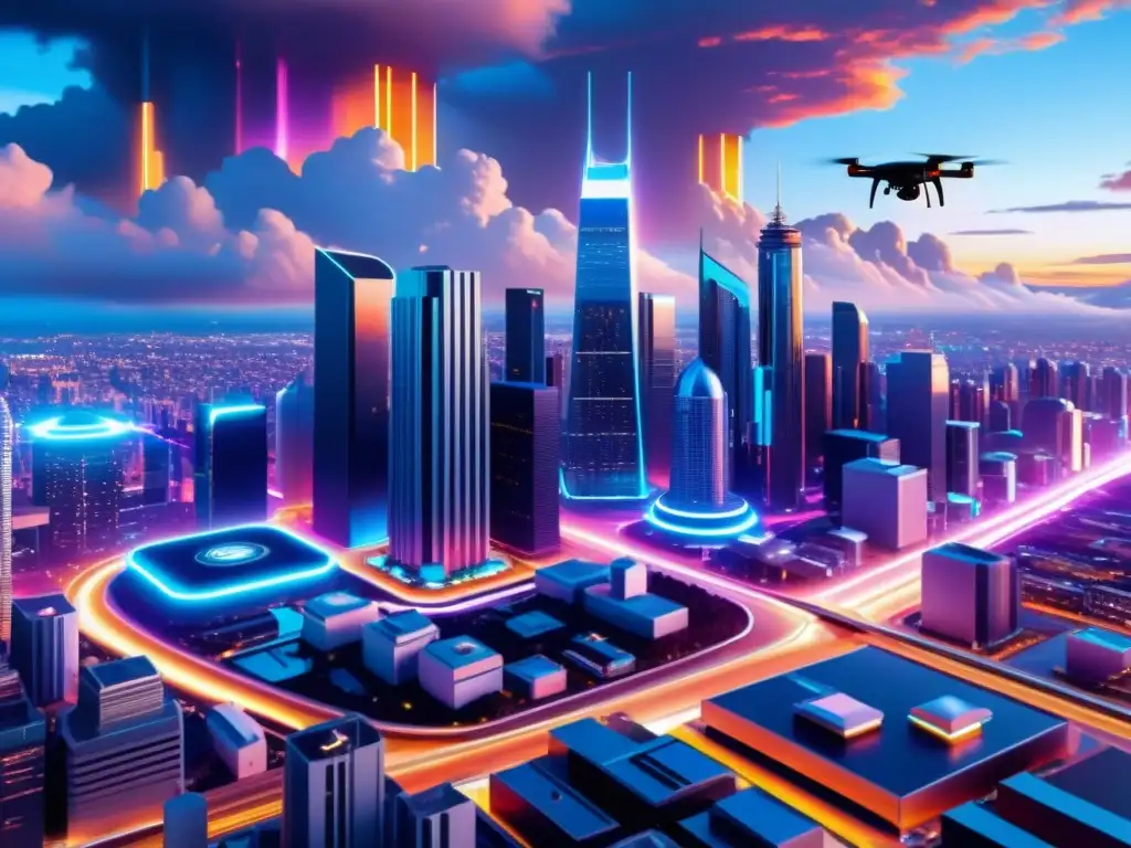 Vista futurista de una ciudad 8k con rascacielos minimalistas interconectados por datos luminosos, vehículos autónomos y drones