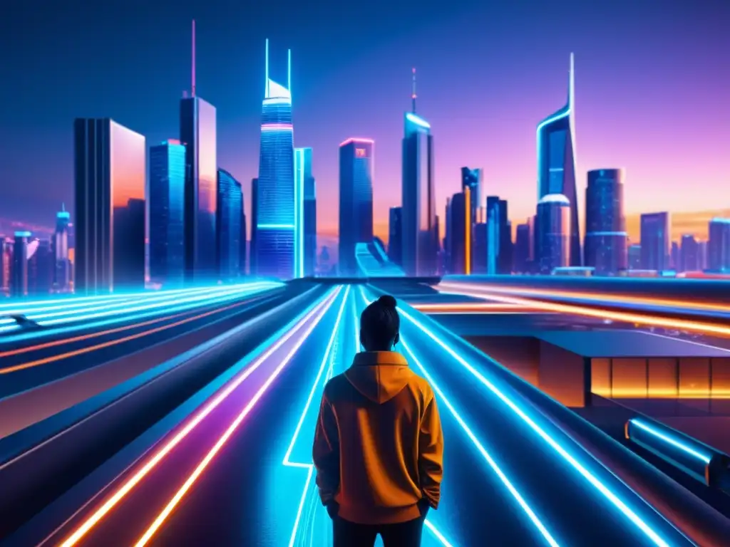 Metrópolis futurista: IoT seguro y conectado Vista futurista de una ciudad con rascacielos interconectados por luces de neón, simbolizando la responsabilidad ética en la IoT