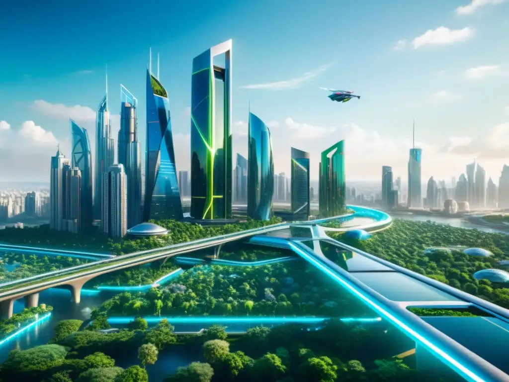 Vista futurista de la ciudad: rascacielos de vidrio y acero, nanotecnología en arquitectura, vehículos voladores y parques verdes