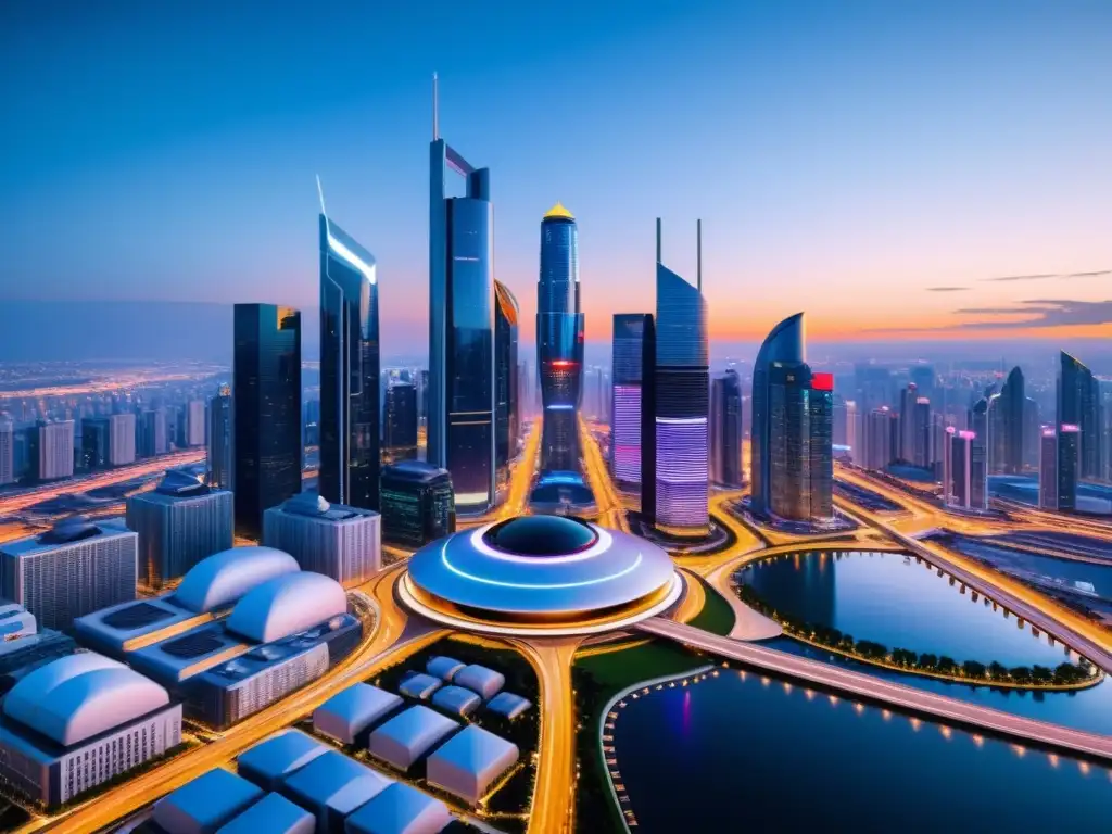 Metrópolis futurista: tecnología y conexiones 5G en acción Vista futurista de una ciudad al anochecer con rascacielos reflectantes y pantallas LED, destacando el impacto de las tecnologías emergentes 5G
