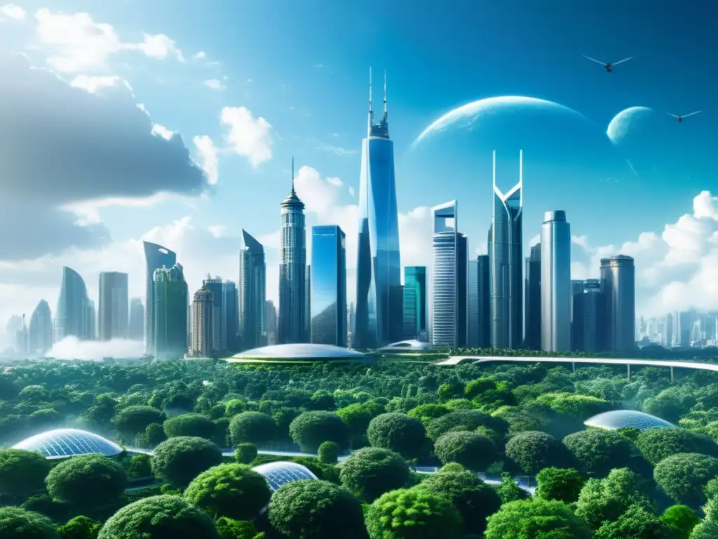 Vista futurista de una ciudad con rascacielos y tecnología geoingeniería, rodeada de jardines verdes y fuentes de energía sostenible, ilustrando las implicaciones éticas de la geoingeniería climática