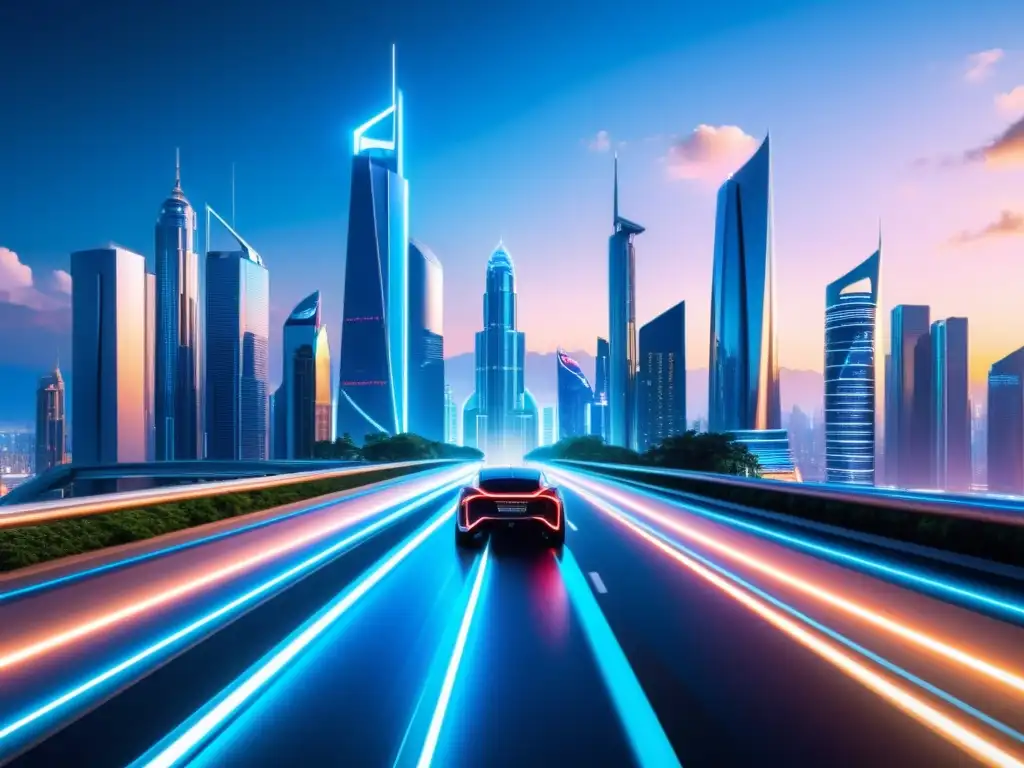 Vista futurista de la ciudad con rascacielos altos y tecnología avanzada, reflejando el impacto de la inteligencia artificial en elecciones