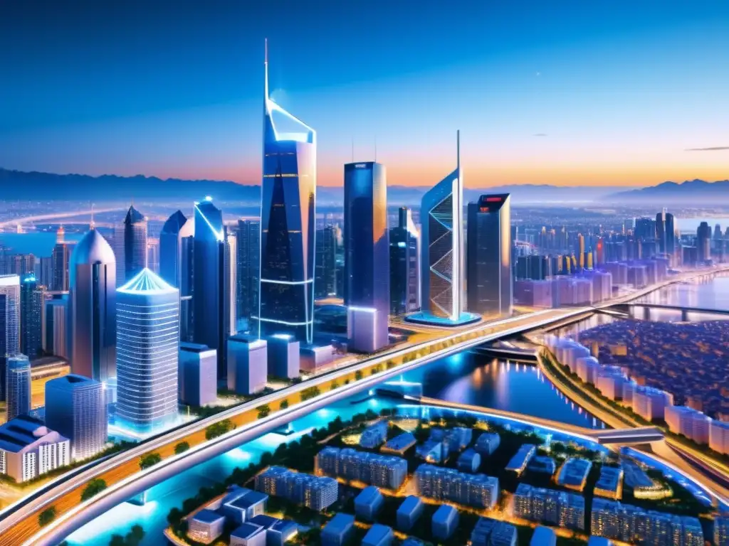 Vista futurista de la ciudad con seguridad revolucionaria gracias a blockchain y IoT