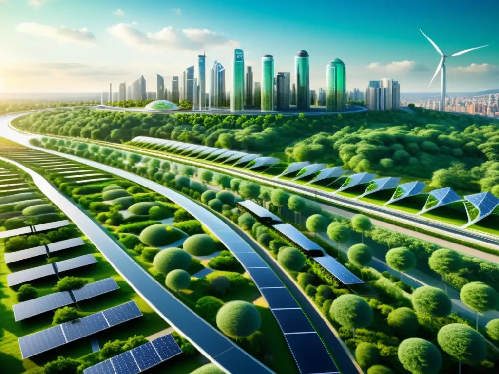 Vista futurista de una ciudad sostenible con tecnología AI integrada, vehículos eléctricos y naturaleza