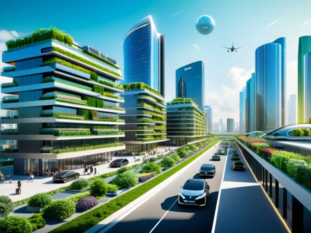 Vista futurista de una ciudad sostenible con tecnologías emergentes IoT, edificios inteligentes y espacios verdes