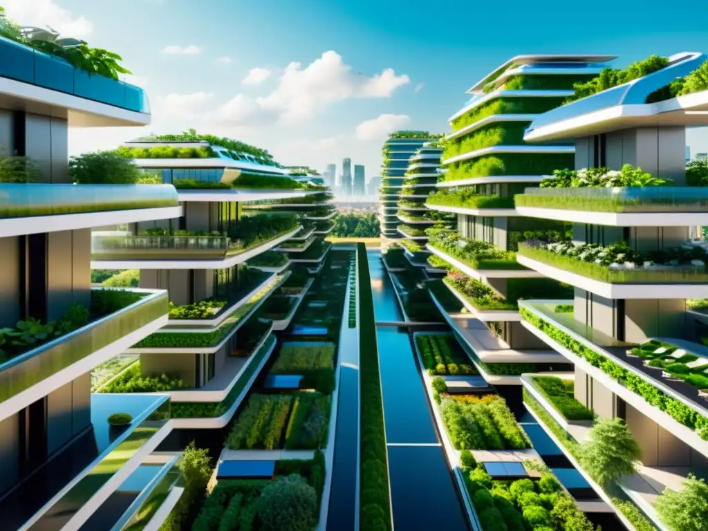 Vista futurista de una ciudad con nanoarquitectura sostenible, interconectada con espacios verdes y diseño energéticamente eficiente