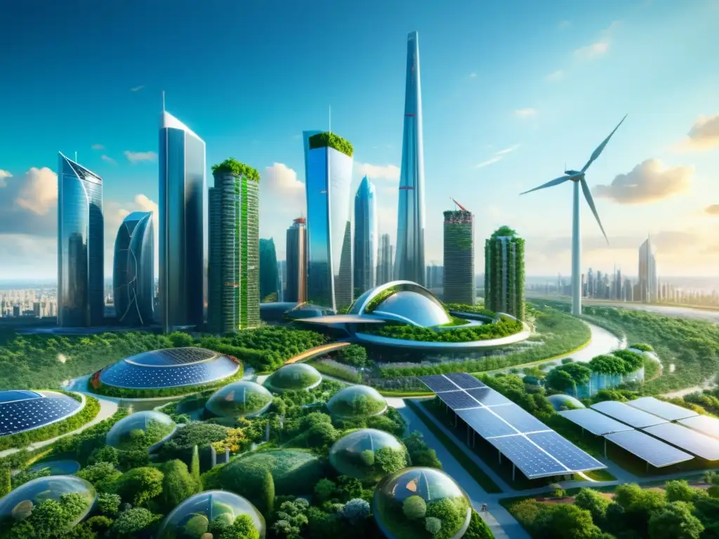 Vista futurista de una ciudad sostenible con tecnología lucha cambio climático