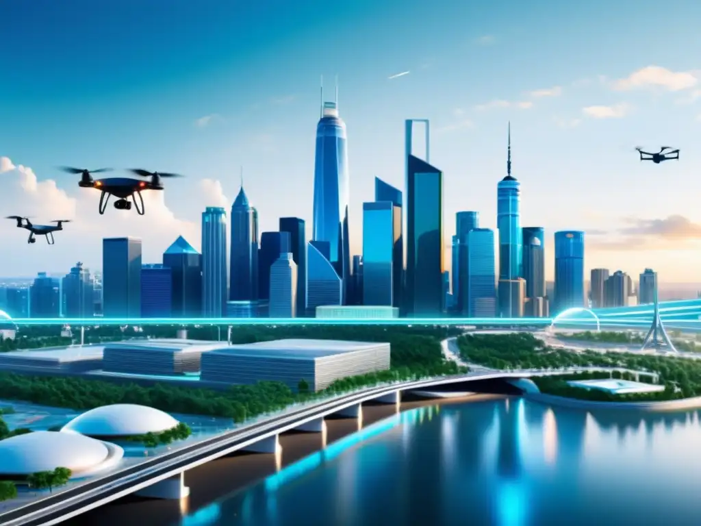 Vista futurista de la ciudad con tecnología avanzada de IA en gestión de desastres, mostrando sensores inteligentes, drones y una infraestructura controlada por IA