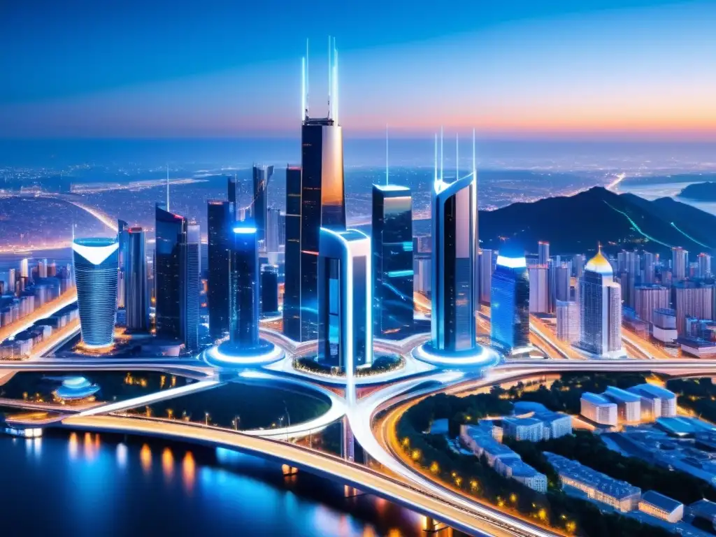 Vista futurista de la ciudad con torres 5G integradas, simbolizando la Seguridad Nacional y 5G en la arquitectura urbana