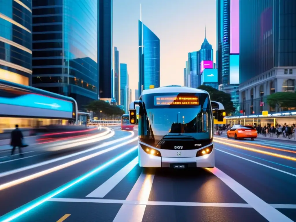 Vista futurista de la ciudad con transporte público y autos autónomos, mostrando el impacto del 5G en el transporte urbano