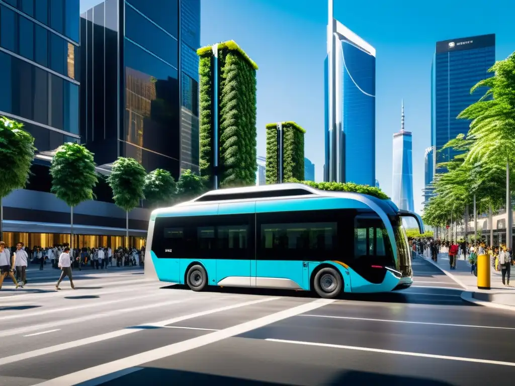 Vista futurista de la ciudad con transporte público inteligente y tecnología IoT integrada, impacto del IoT en transporte público